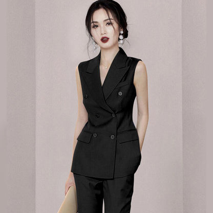 summer new dark blue double-breasted suit collar sleeveless vest professional women's nine-point pants suit suit women