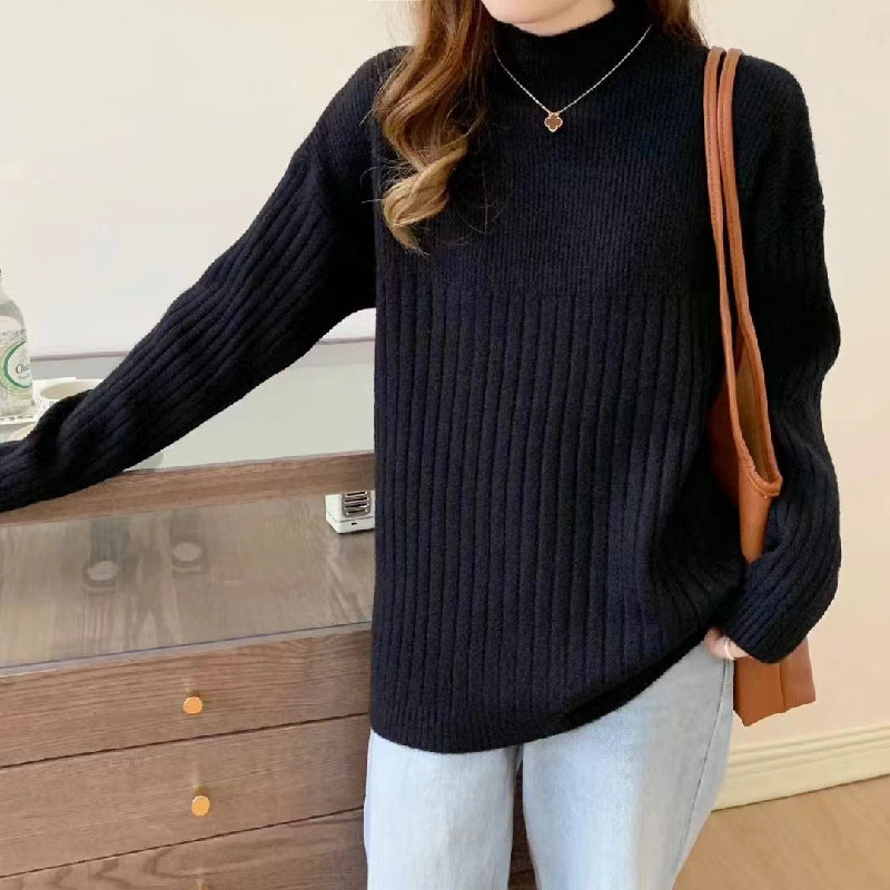 VLOVELAW Casual style knitted bottoming sweater women's New autumn and winter new loose solid color pit strip semi-turtleneck knitted sweater top