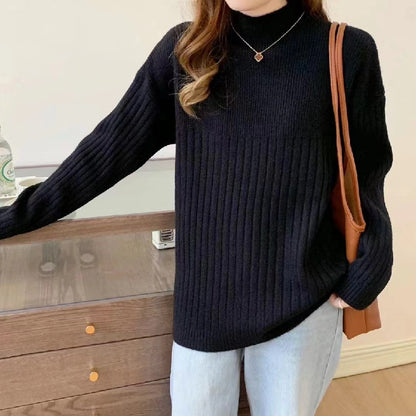 VLOVELAW Casual style knitted bottoming sweater women's New autumn and winter new loose solid color pit strip semi-turtleneck knitted sweater top