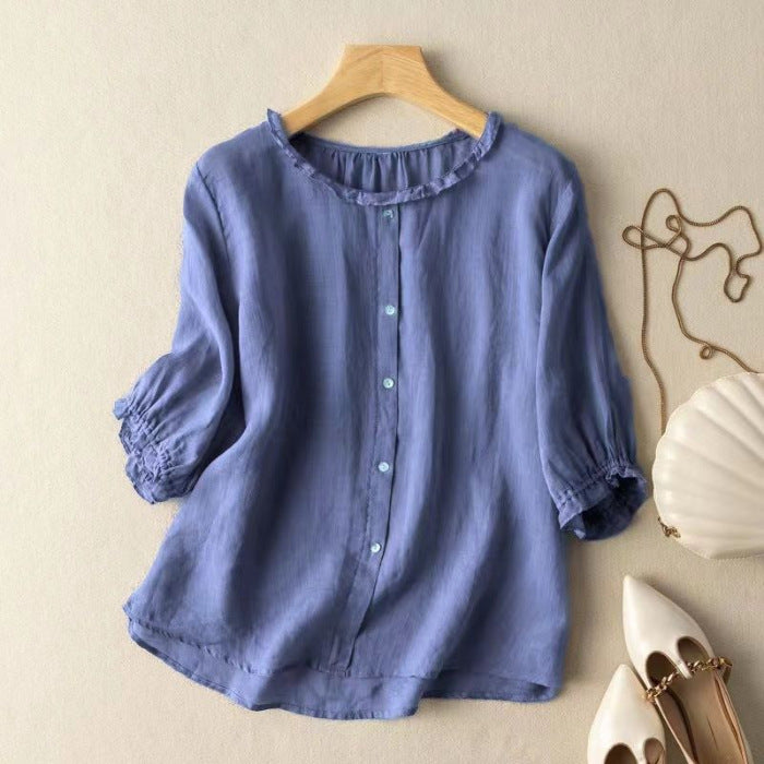 VLOVELAW Three-Quarter Sleeve Western Style Slimming Shirt  Summer Mother's Breathable Cotton and Linen Top Wine Red Pullover Shirt Women's