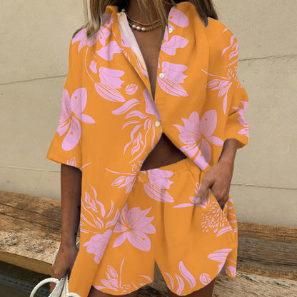 VLOVELAW European and American New Women's Clothes Cross-Border Lapel Short Sleeve Printed Shirt Two-Piece Set Wide Leg Elastic Waist Pants Shorts
