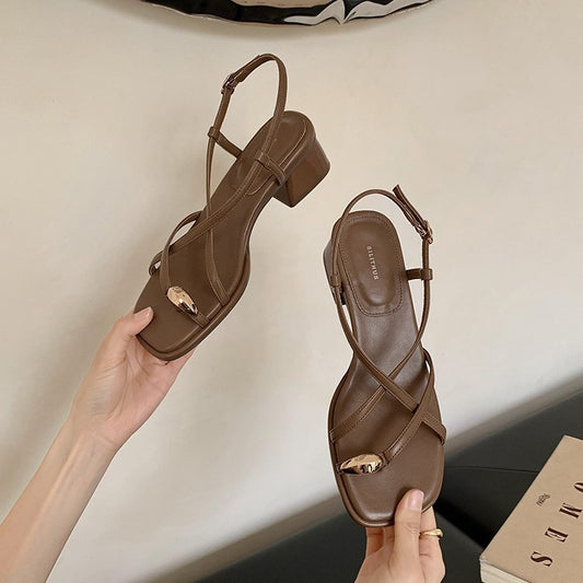 VLOVELAW  Women's Chunky Heel Temperament Fairy Style Thin Strap Sandals  New Summer Internet Celebrity Buckle Flip Toe Roman Shoes