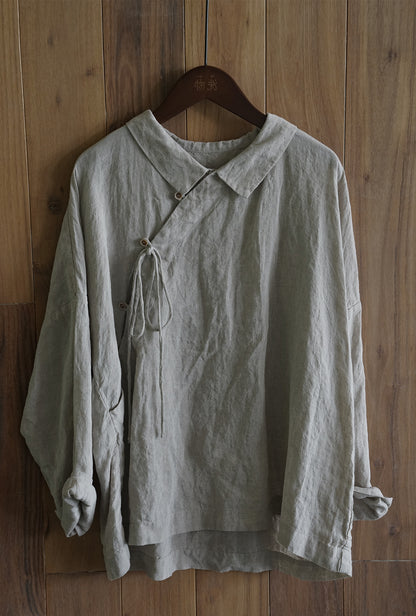 retro literary lapel slanted rain and dew hemp shirt, casual light Chinese natural hemp top S22262