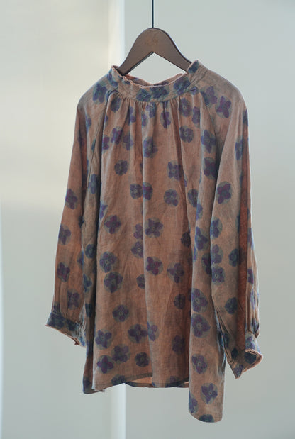nostalgic retro blue-dye printed loose shirt, literary semi-turtleneck linen top S22261