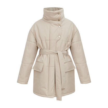 KKBOXLY Cross-border stand-up collar cotton jacket, 2025 New autumn and winter new temperament belt irregular medium and long cotton jacket