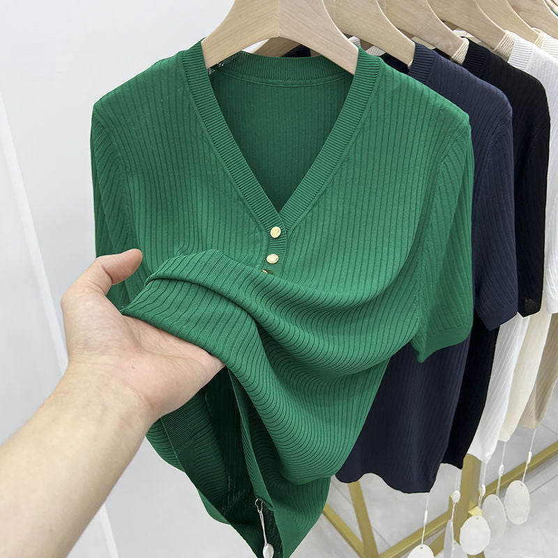 VLOVELAW 100.00kg Wearable Summer plus Size Ice Silk Top Popular Slimming Short-Sleeved T-shirt for Women Loose Belly-Covering V-neck Sweater