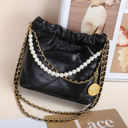 VLOVELAW 2025 New fashion gold coin hippie bag genuine leather rhombus chain shoulder messenger bag women's first layer cowhide pearl bucket bag