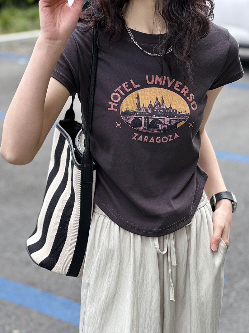 2025 Tachibana popular summer new T-shirt top women's Korean round neck waist retro niche printing short sleeve 2409-1