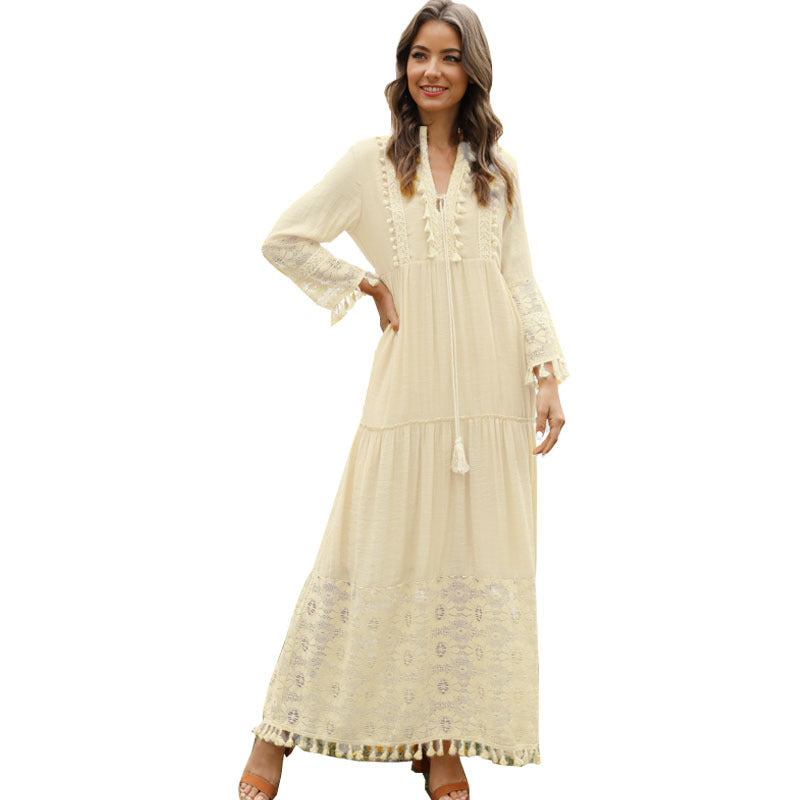 VLOVELAW Spring and Summer European and American Long Dress Bohemian Style V-neck Lace Tassel Stitching Beach Vacation Temperament Dress