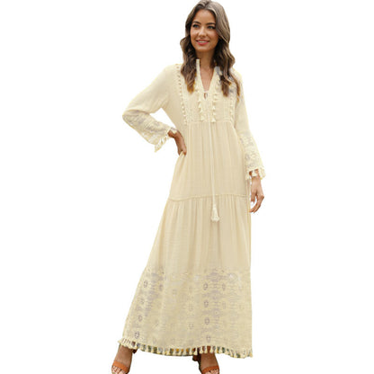 VLOVELAW Spring and Summer European and American Long Dress Bohemian Style V-neck Lace Tassel Stitching Beach Vacation Temperament Dress