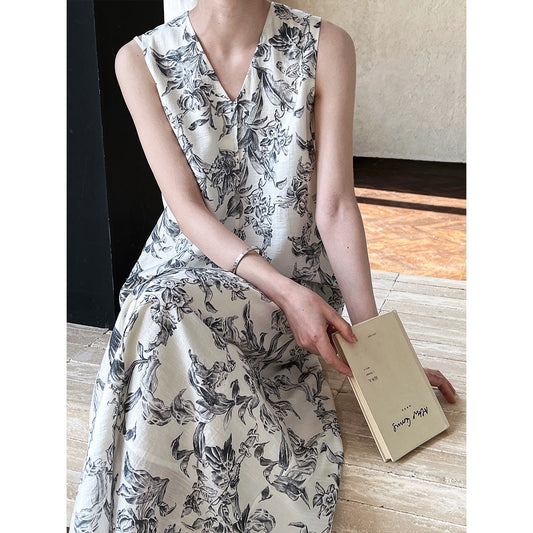 Luxi, retro V-neck sleeveless lace-up dress women's spring new loose-print casual vest skirt 3538