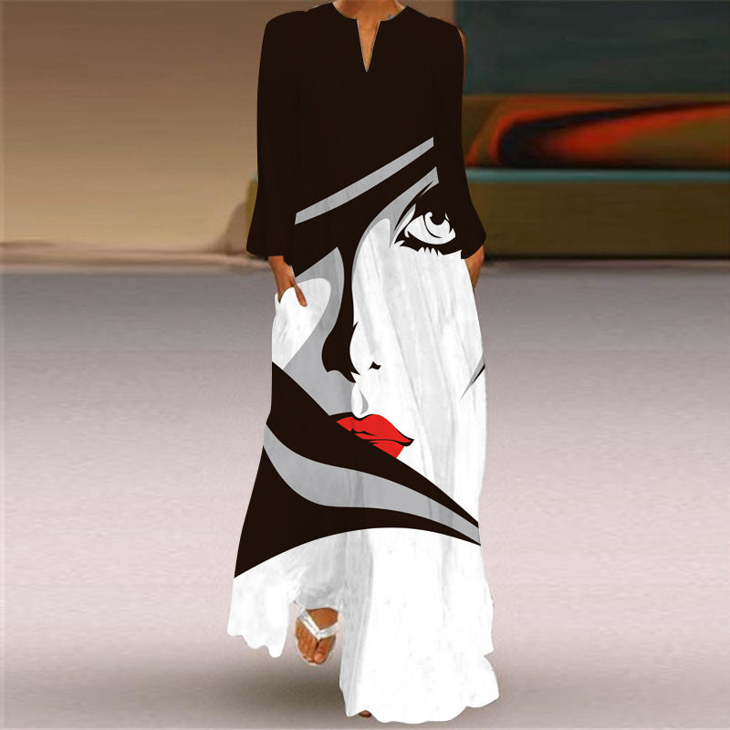 VLOVELAW European American Summer New Women Vintage Butterfly Print Long Dress V-neck Long Sleeve Pocket Summer Dress