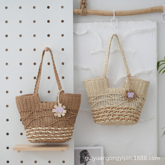 VLOVELAW Woven Straw Shoulder Bag Versatile Large Capacity Tote Bag with Lining Hollow HAILANG Corrugated Summer Beach Women's Bag