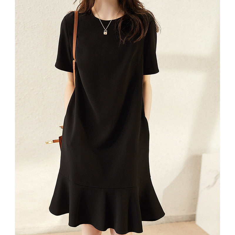 2025 Premium triacetate fishtail skirt, textured short-sleeved dress, satin medium and long summer women's clothing new