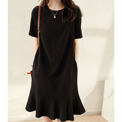 2025 Premium triacetate fishtail skirt, textured short-sleeved dress, satin medium and long summer women's clothing new