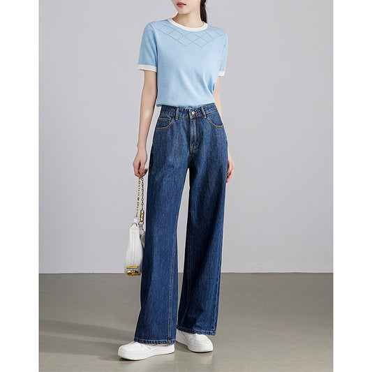 2025  Spring and Autumn New Retro Hong Kong Style Straight Jeans Women's Skinny High Waist Pure Cotton Breathable Comfortable Blue Casual Pants