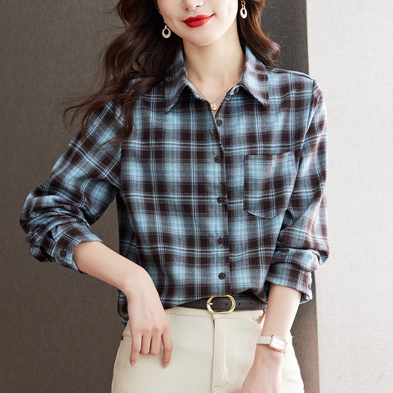 direct sales plaid shirt women's long sleeves  spring clothes new literary and retro top polished thickened shirt