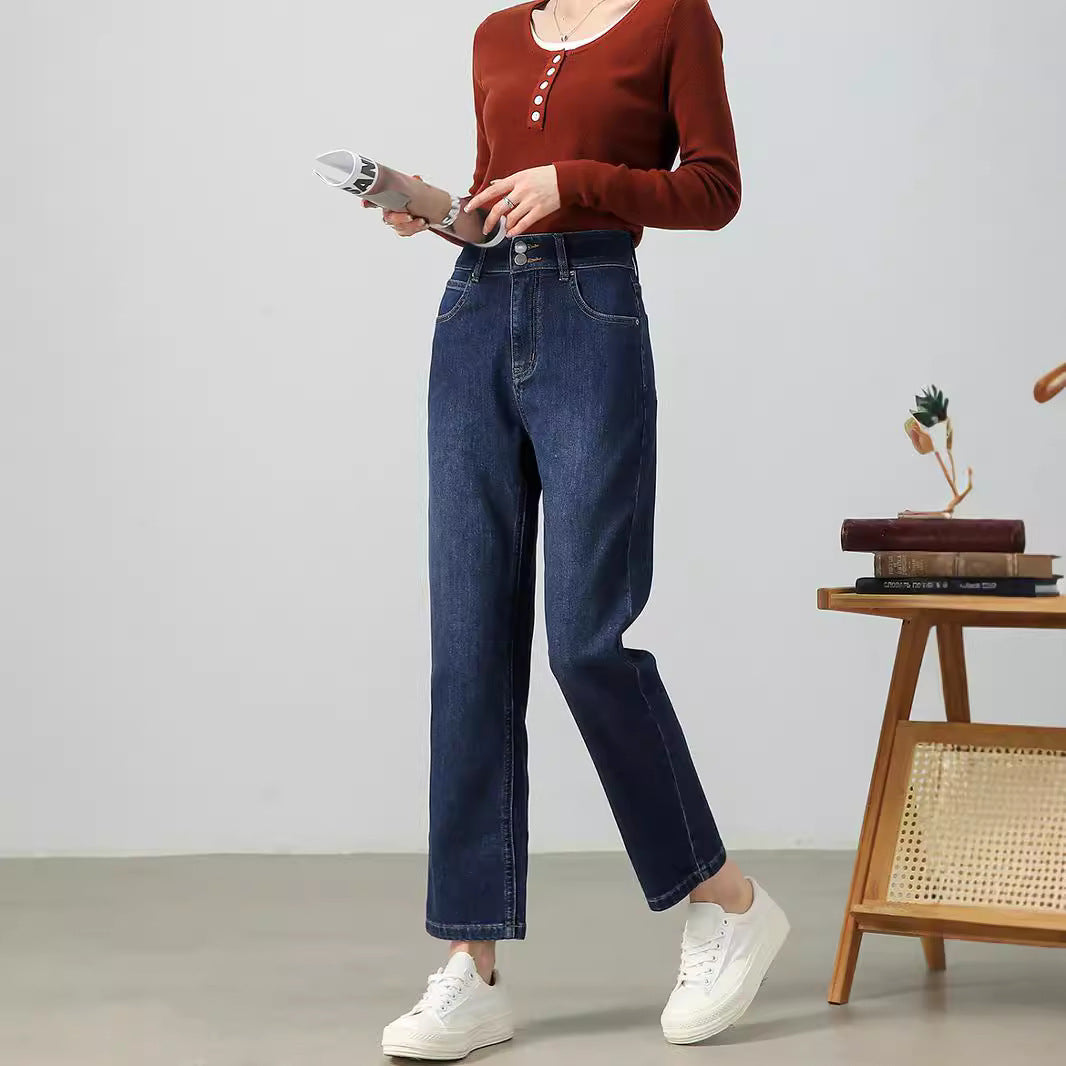 2025  Customized retro straight jeans women's spring and autumn high waist and thin fashion versatile commuter pipe pants
