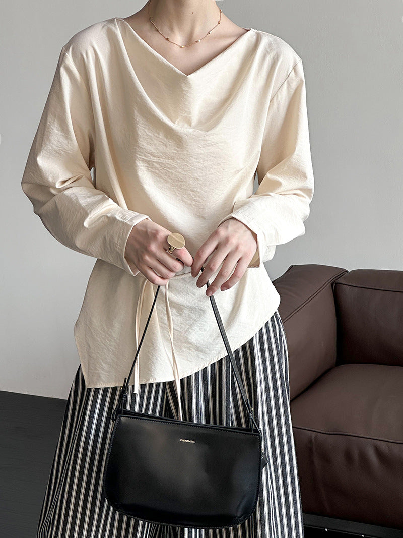 2025 Tachibana spring new lazy wind lace-up simple loose versatile pile collar temperament shirt women 59959