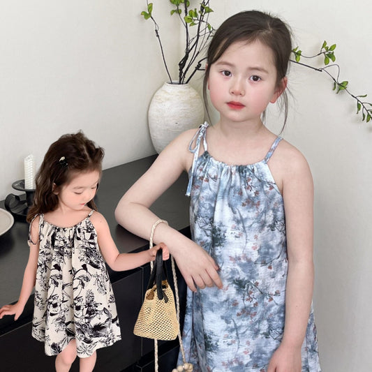 VLOVELAW Summer New Girls' Dress Children's Chinese Style Ink Painting Western Style Suspender Skirt Thin Breathable Beach Princess Dress