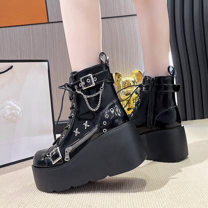 Autumn and Winter New Rivets Pendant Martin Boots Female Hot Girl Thick Bottom Increased by Belt Buckle Booties All-Matching Motorcycle Boots