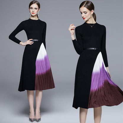 Knitted dress women's autumn and winter temperament slim and thin medium and long splicing gradual change of color pleated sweater skirt tide