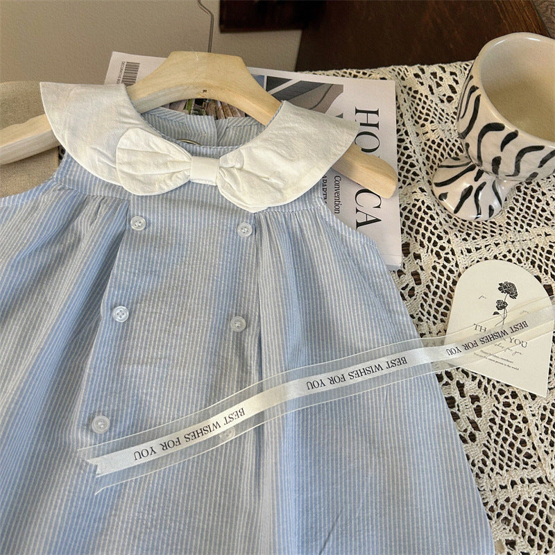 VLOVELAW South Korea Children's Clothing Dress  Summer New Girl's Western Style Back Girl's Sailor Collar Bow Princess Dress