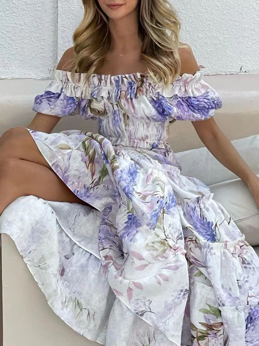 VLOVELAW Spring New Slim Fit Slimming Temperament off-Shoulder Pleated Print Lady Long Elegant Big Hem Dress