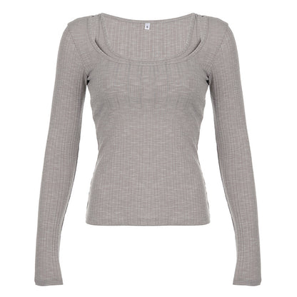 VLOVELAW Simple Style Two-Piece Knitted Sunken Stripe T-shirt Women's  Autumn European and American Solid Color Top Ins New Bottoming Shirt