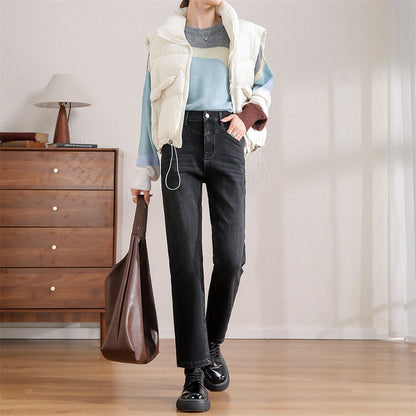 2025    Straight jeans women's new spring and autumn models blue high-waisted narrow version small pipe pants