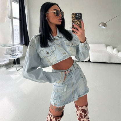 2025 2025n Spice Girl short open-navel denim suit women's two-piece set spring new deconstruction design skirt suit new