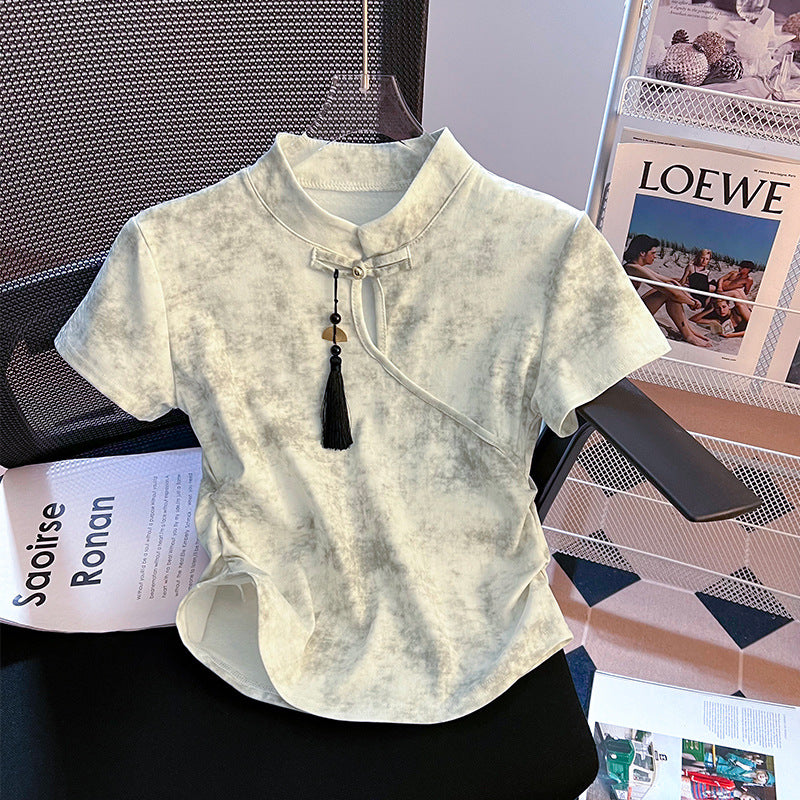VLOVELAW Retro National Style New Chinese Style Frog Button Short Sleeve T-shirt Women's Summer  New Pleated Waist Tight Short Tie-Dyed Top