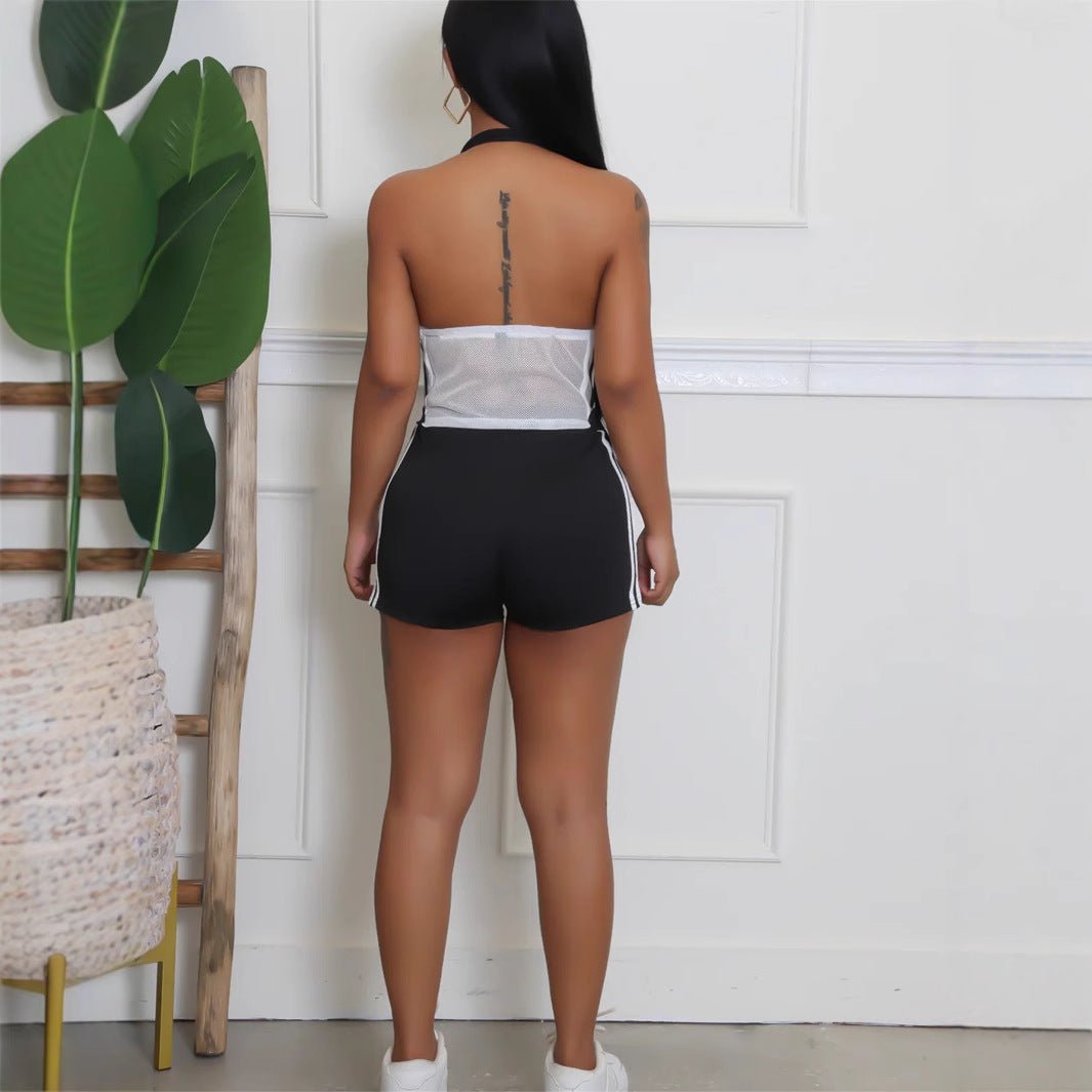 summer new women's clothing New sexy Spice Girls printed halter neck hanging perspective hollow tube top shorts set