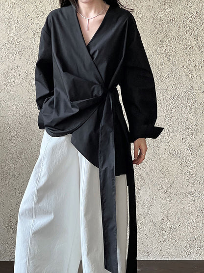 Luxi, Korean irregular waist strap shirt women's spring casual niche design one-piece top 3563