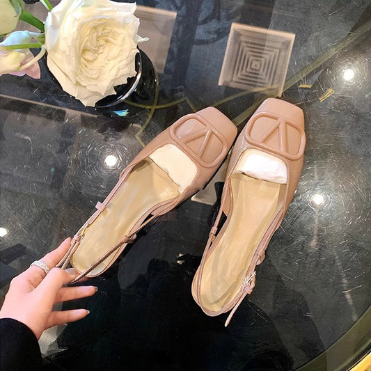 VLOVELAW  Su Cojin Same Style Princess Deer ~ Square Toe V Buckle Closed Toe Back Empty Nude Pink Flat Sandals for Women Commuter Shoes 2025