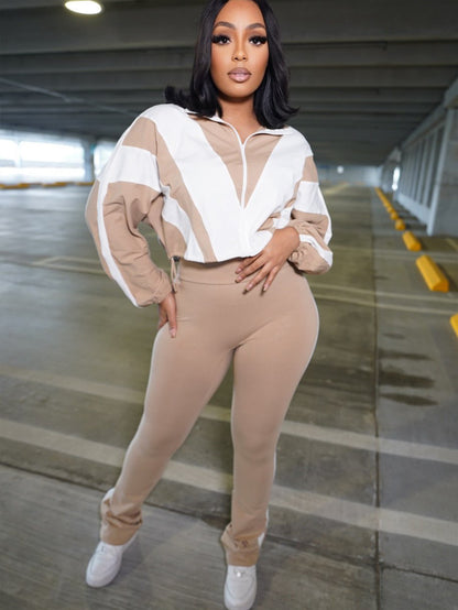 New explosion, Popular trade loose leisure street trend contrasting color zipper jacket trousers sports style suit women