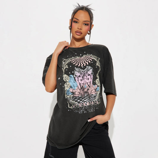 high street personalized wind wash old Gemini printing loose T-shirt versatile trendy brand round neck five-quarter sleeve top