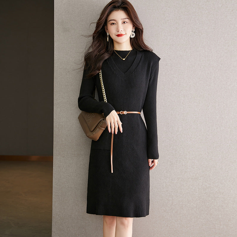 VLOVELAW elegant knitted sweater two-piece skirt autumn and winter new lace-up waist vest medium and long dress women