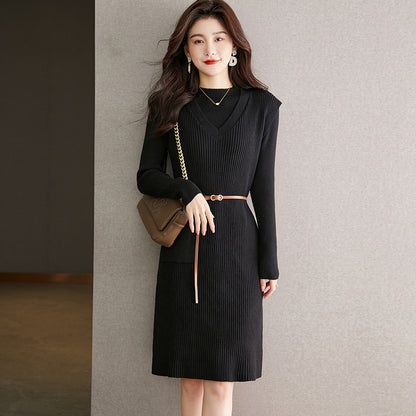 VLOVELAW elegant knitted sweater two-piece skirt autumn and winter new lace-up waist vest medium and long dress women