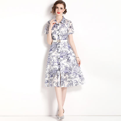 Medium and long shirt shirt skirt women's popular summer new retro lapel single-breasted printed lace-up dress