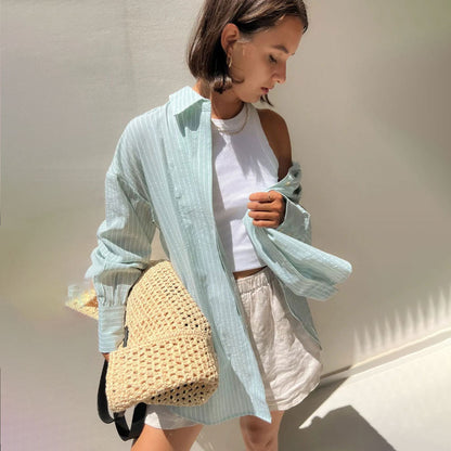 VLOVELAW  striped shirt 2025 popular autumn and winter new casual loose sugar macaron medium and long striped shirt