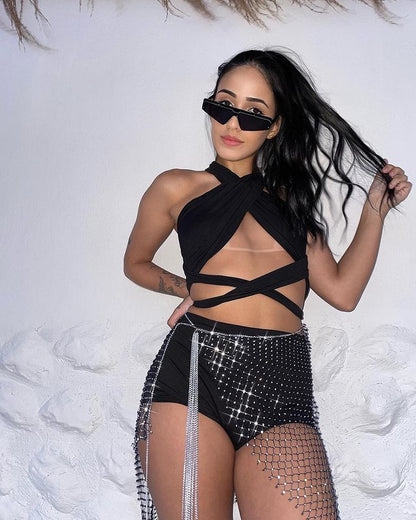 2025  120079 Popular and 2025 2023 waist chain  rhinestone fishing net sexy hollow net drill skirt women