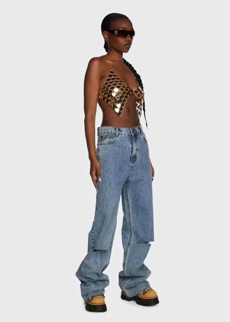 2025  120141 2025 vest love acrylic sequins splicing sexy hollow neck wrap chest small vest body chain