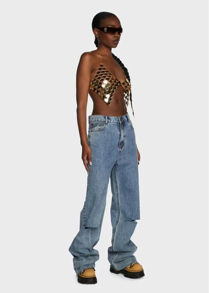 2025  120141 2025 vest love acrylic sequins splicing sexy hollow neck wrap chest small vest body chain