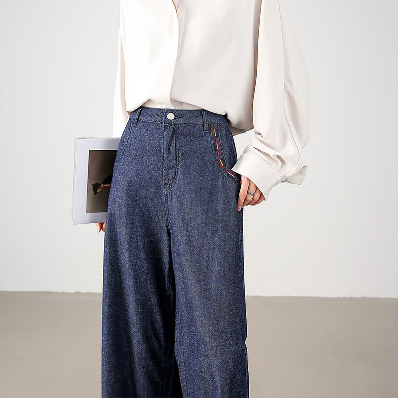 2025  Spring new retro denim wide-leg pants literary dark blue mid-waist loose and thin embroidered versatile nine-point pants
