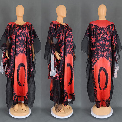 VLOVELAW Cross-Border European and American Women's Clothing African Middle East Ethnic Style Retro Long Gown Mesh Printed Tape Headscarf Dress 9004