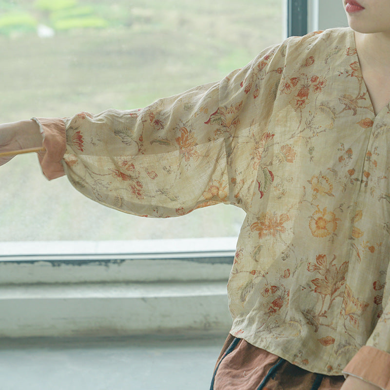 retro V-neck ramie pullover shirt, national style classical printing Song cool top S22208