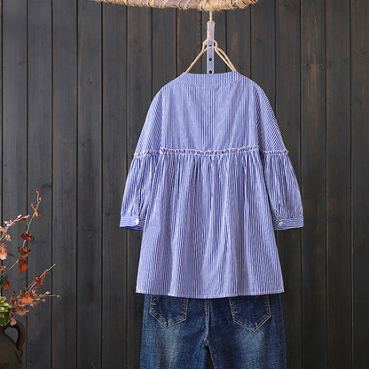 direct sales blue striped pure cotton shirt women's five-quarter sleeve summer wear new loose pure cotton top design shirt