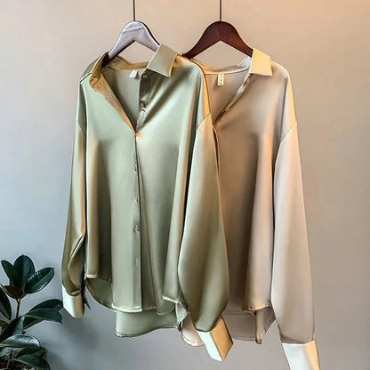 VLOVELAW Long Sleeve Satin Shirt Women's Design Sense Niche  Spring and Summer New All-Match Draping Top Retro Hong Kong Style Shirt