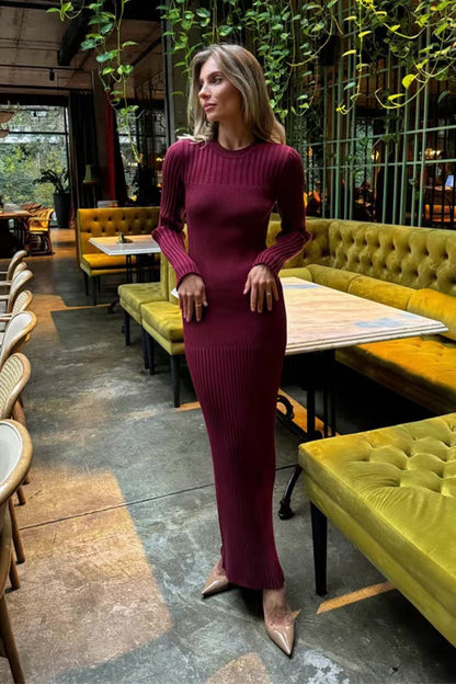 New  long-sleeved autumn and winter sweater skirt women's knitted round neck pit strip solid color tight dress women